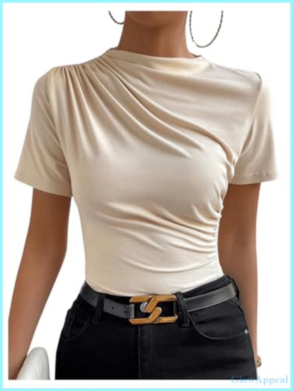 SweatyRocks Polyester Ruched Mock Neck Short Sleeve Basic T Shirt